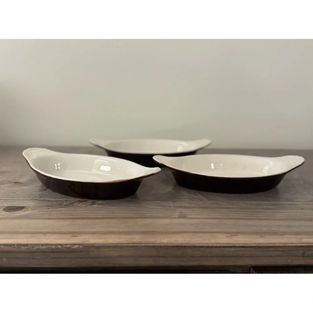 VTG HALCO Korea Ceramic Oval Au Gratin Baking Dish Set Brown Cream Oven Safe 3PC